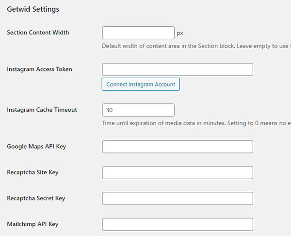 La configuración del complemento Getwid se puede encontrar en la configuración de escritura de WordPress.