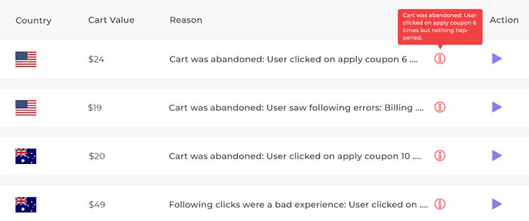 Ejemplo de grabación de sesión de usuario de HumCommerce.