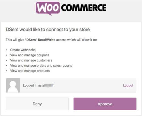 Va trebui să acordați autorizației DSers pentru a accesa WooCommerce.