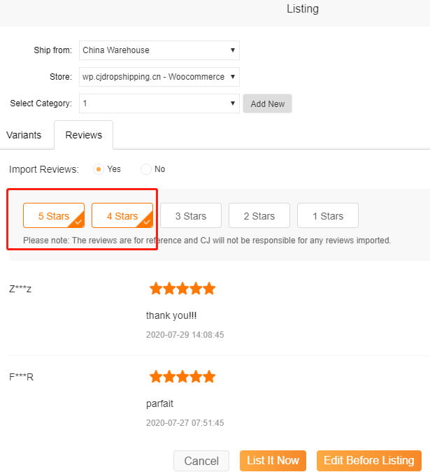 CJdropshipping importiert Bewertungen zum Speichern.