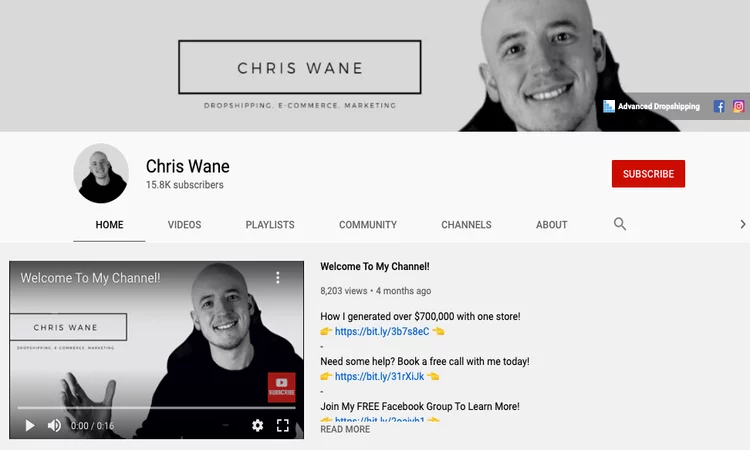 imagen del canal de youtube de chris wane