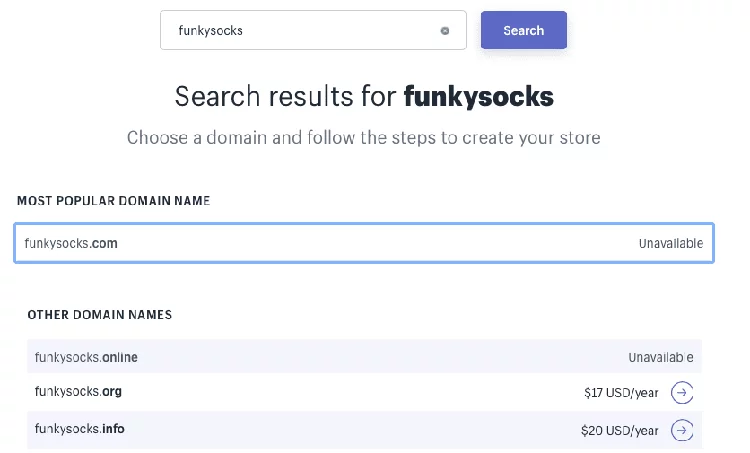 Gambar contoh pencarian nama domain Shopify