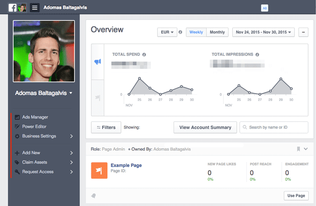 Панель управления Facebook Business Manager и навигация по боковой панели с настройками