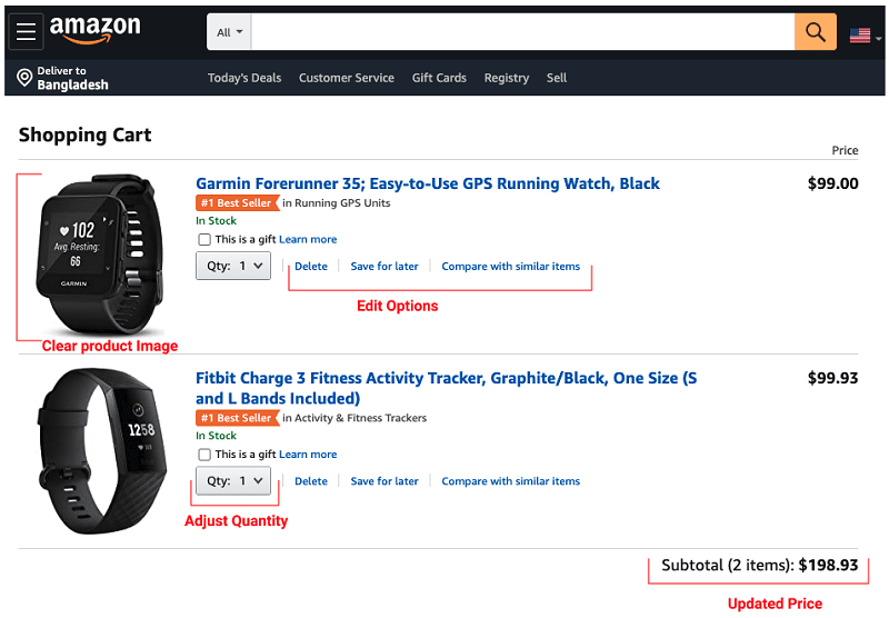 Panier d'achat sur Amazon.com