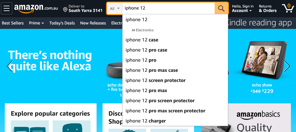 アマゾンのウェブサイトでiPhone12を検索