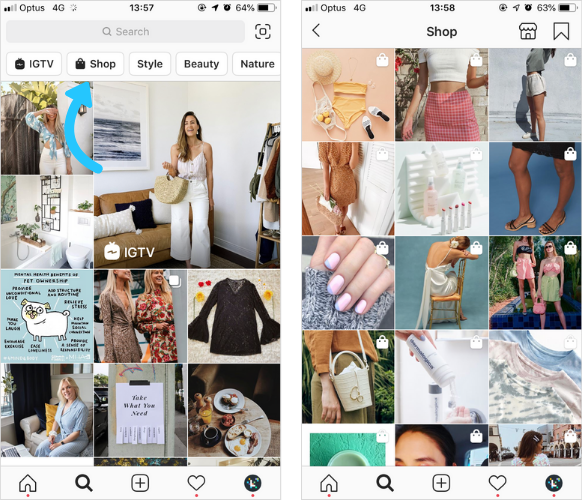 Pagina di esplorazione di Instagram: shopping