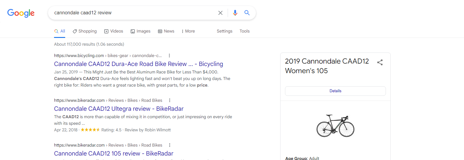 Un esempio di una pagina dei risultati di ricerca di recensioni di prodotti per biciclette su google