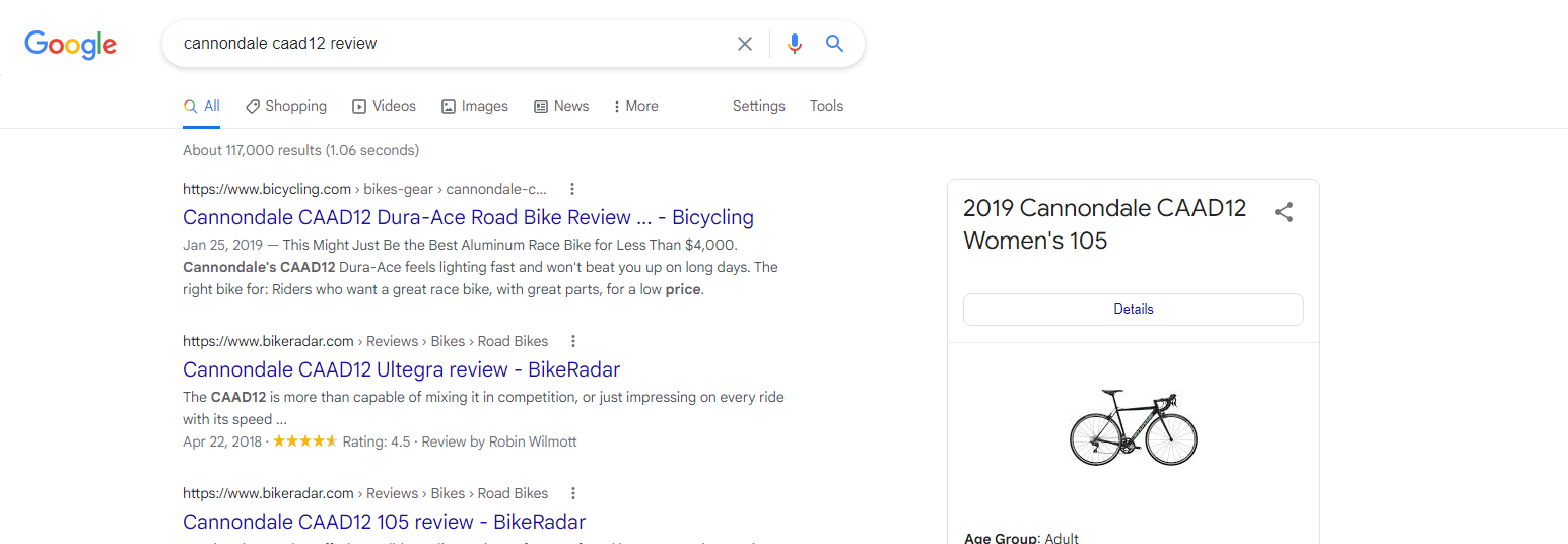 Contoh halaman hasil pencarian review produk sepeda di google