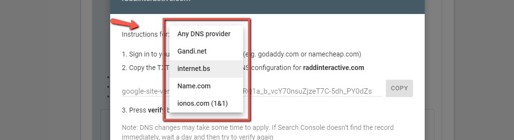 Google Arama Konsolunda bir siteyi doğrulamak için bir DNS sağlayıcısı seçme seçenekleri listesi