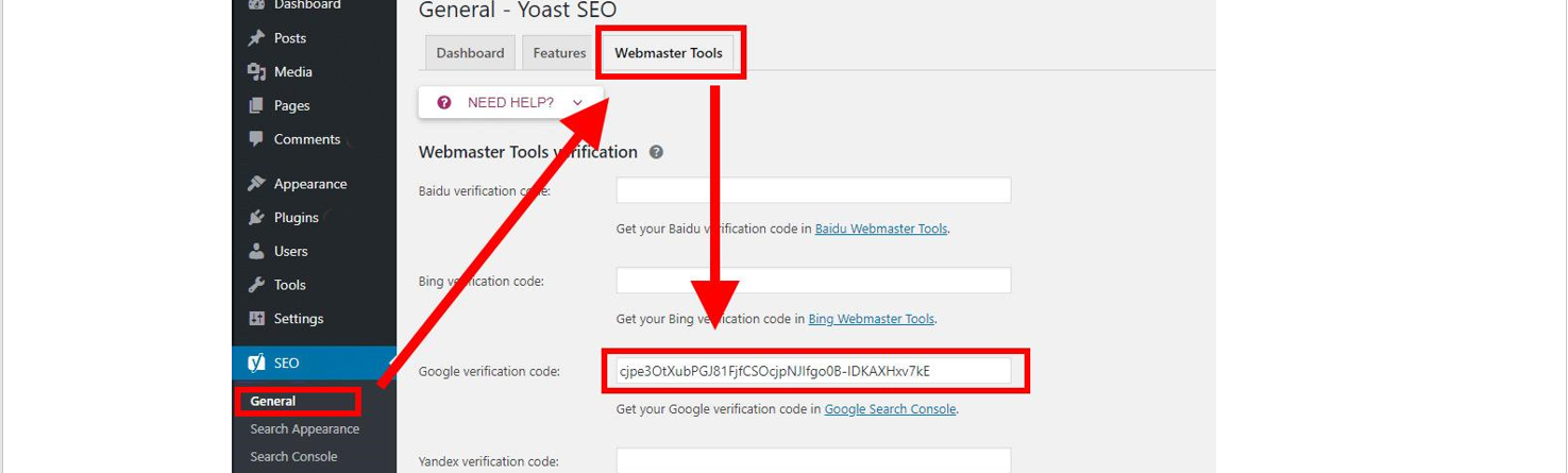 Instrucciones que muestran dónde y cómo agregar el código de verificación de Search Console para Yoast SEO en WordPress