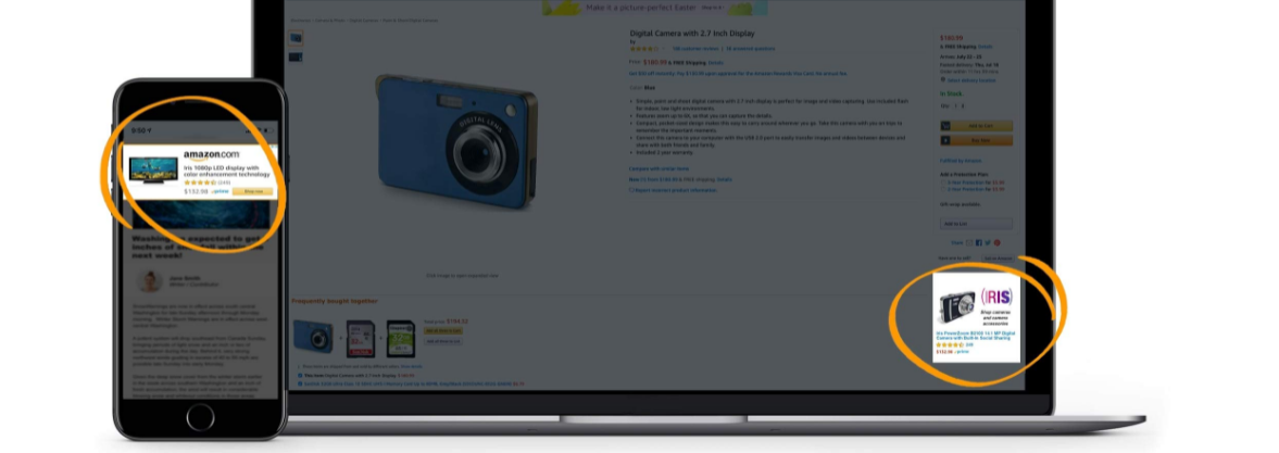 Un exemple montrant où les annonces display apparaissent sur la place de marché d'achat d'Amazon