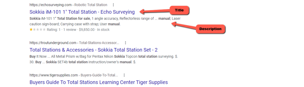 Снимок экрана, показывающий пример мета-заголовков и мета-описаний, отображаемых в поиске Google.