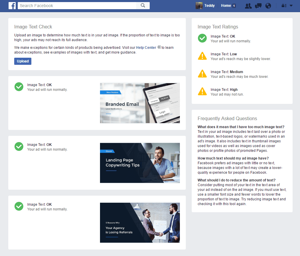 Gambar ini menunjukkan kepada pemasar 3 contoh bagaimana Facebook menilai hamparan teks pada gambar dan frekuensi yang memungkinkannya ditampilkan.