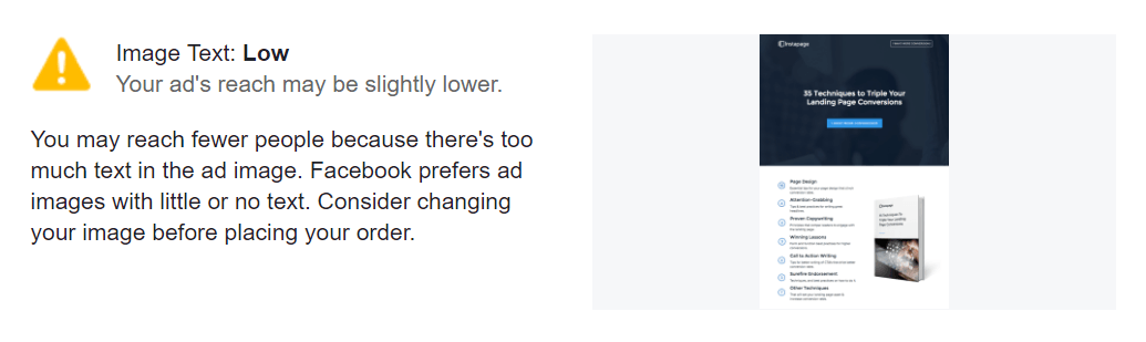 Gambar ini menunjukkan pemasar bagaimana gambar teks berat dapat memiliki jangkauan audiens yang lebih rendah menggunakan iklan Facebook.