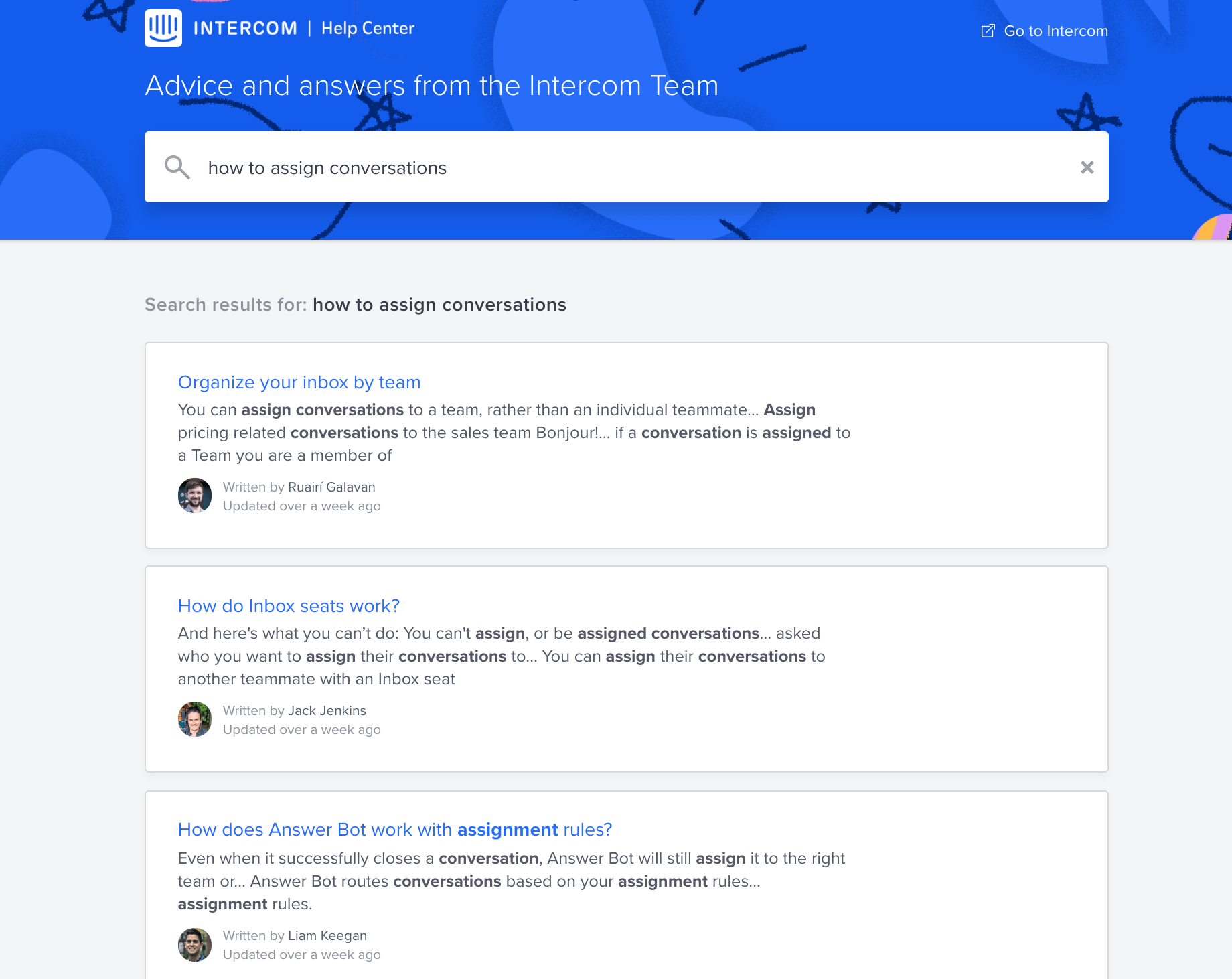 Intercom-Artikelsuche