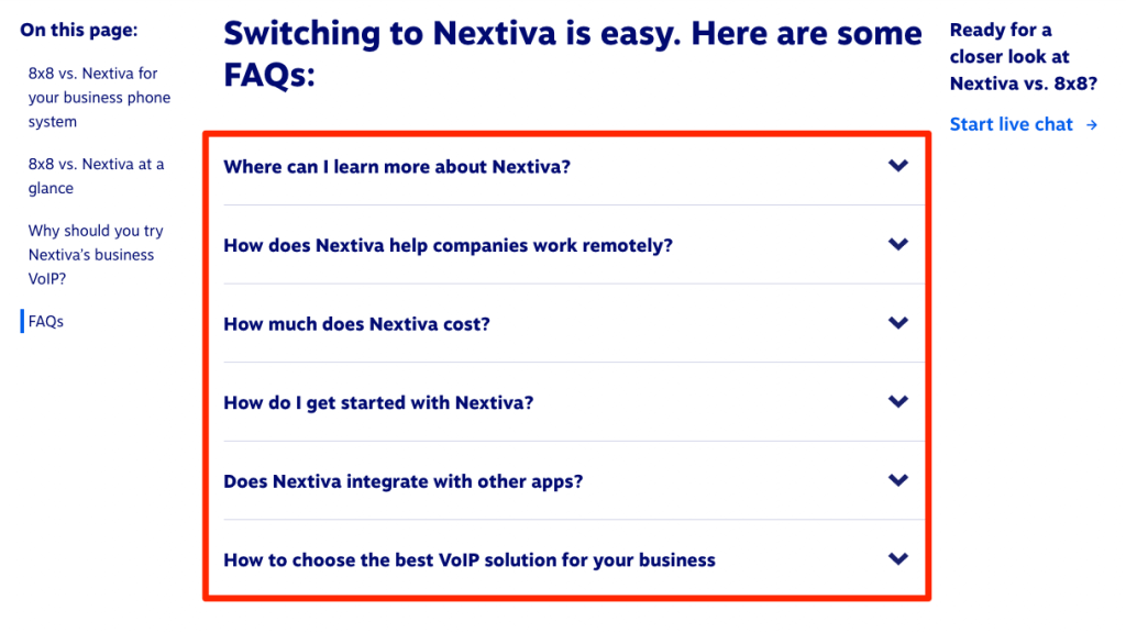 Un altro esempio di servizio clienti proattivo: screenshot delle domande frequenti sulla pagina di destinazione di Nextiva