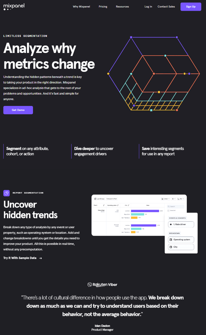 Página de inicio de Mixpanel