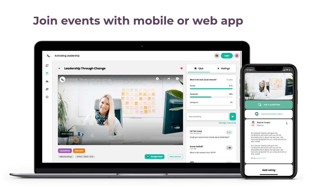 Nehmen Sie an plattformübergreifenden Veranstaltungen teil. Handy oder Computer - lassen Sie die Teilnehmer von überall aus an Ihren Veranstaltungen teilnehmen! Join events across platforms. Mobile phone or computer - let attendees join your events from anywhere!