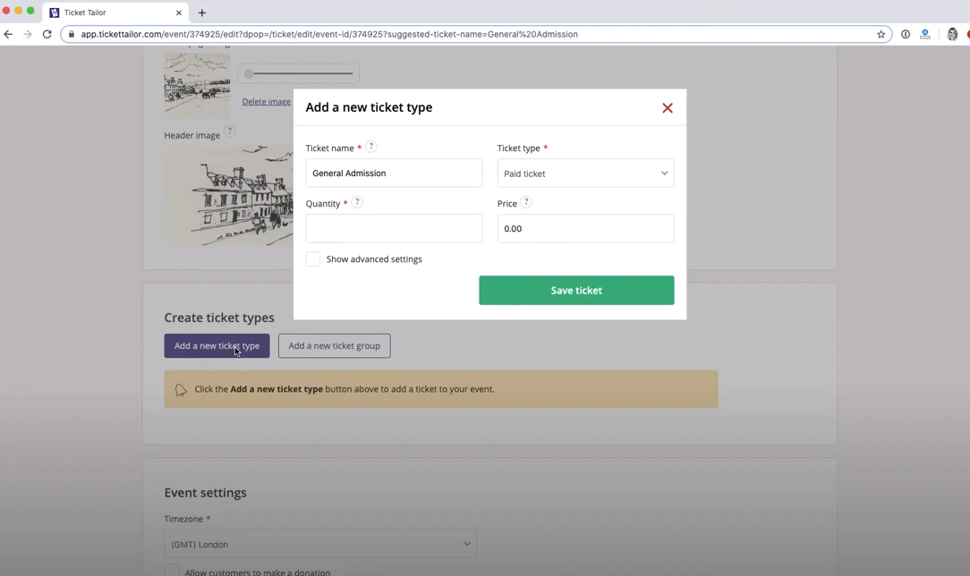 Ticket Tailor ein neues Ticket hinzufügen Ticket Tailor add a new ticket