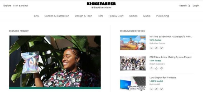 A home page screenshot from Kickstarter as one of the best crowdfunding sites