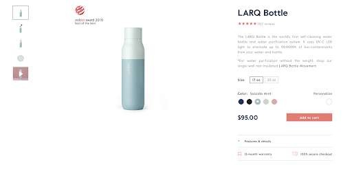 Larq ecommerce product page screenshot