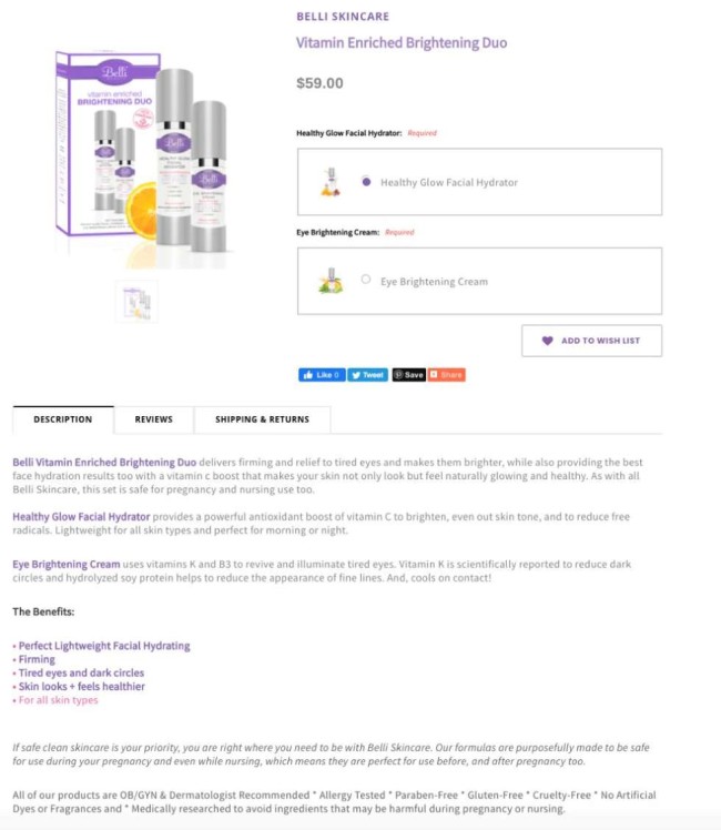 Belli skincare ecommerce product page example