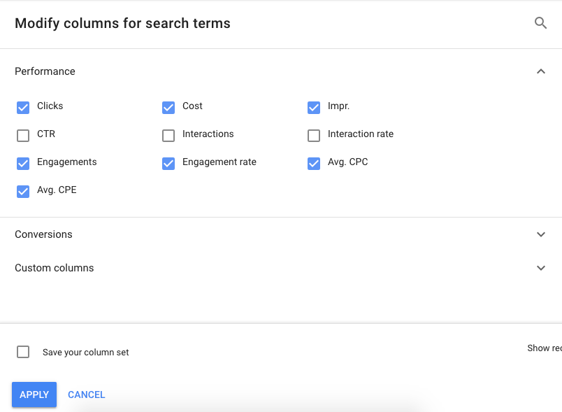 reclamele google prezintă coloane de valori de implicare a anunțurilor pentru cumpărături