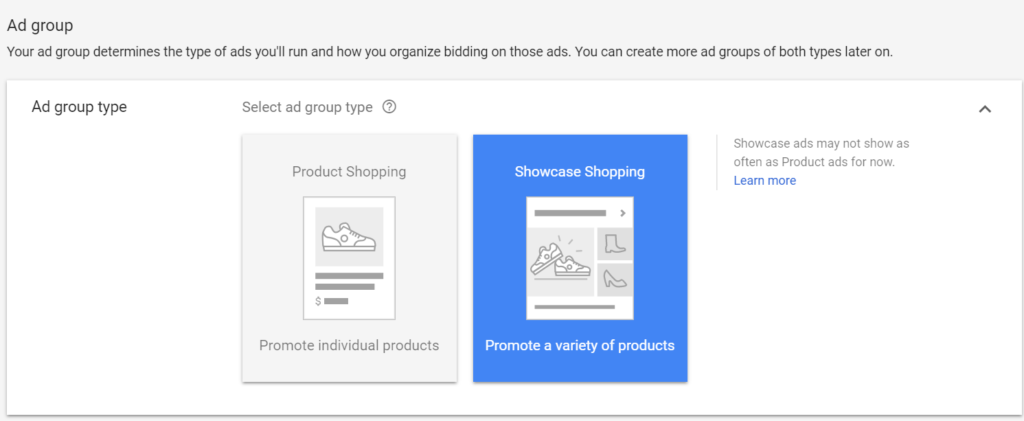 creați un tip de grup de anunțuri pentru cumpărături cu prezentare Google Shopping