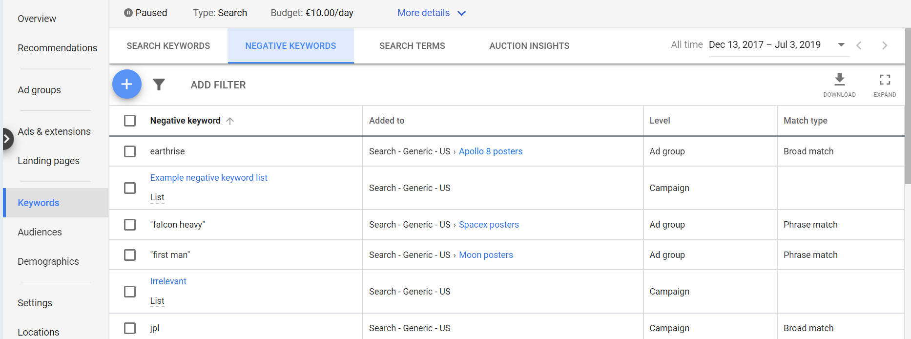 Fila Cuvinte cheie negative Google Ads