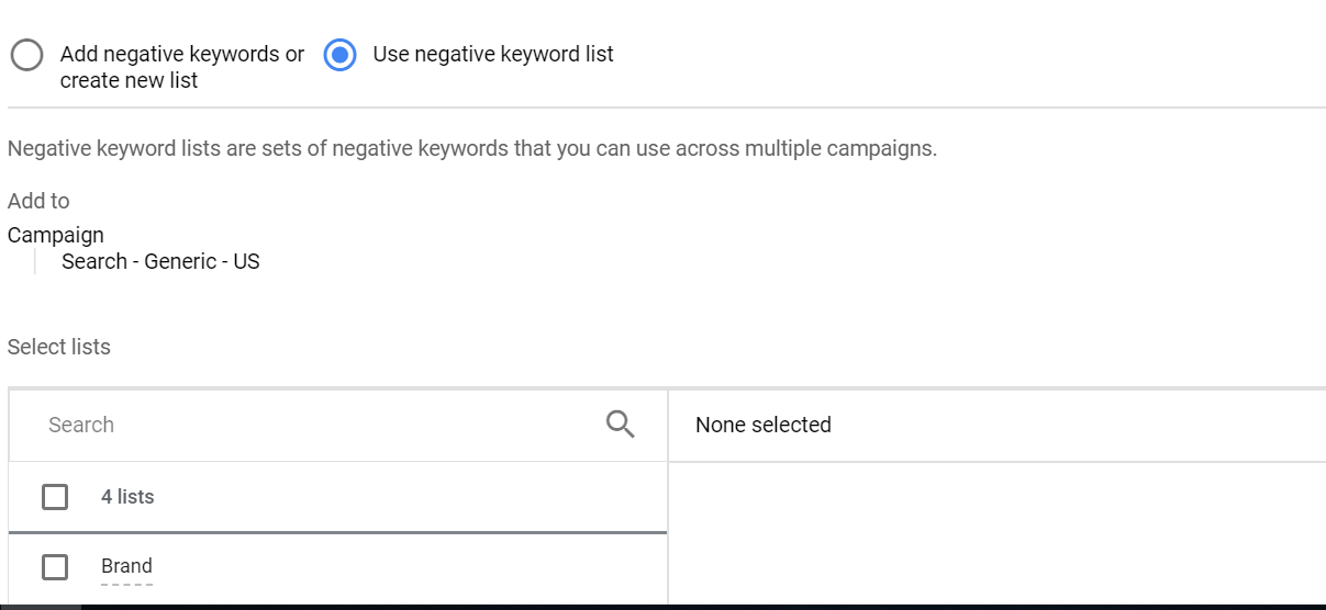 Aplicați o listă de cuvinte cheie negative unei campanii în Google Ads