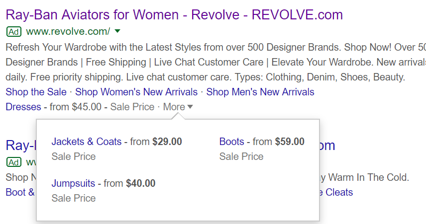 ejemplo de extensiones de anuncios de Google