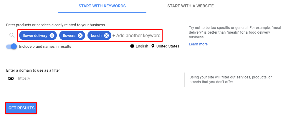 Searching new phrases with Google Keyword Planner