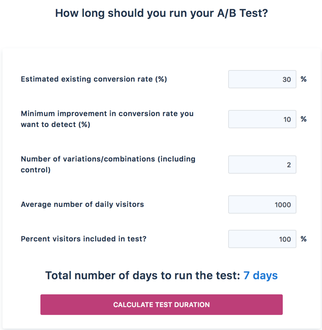 Ejemplo de calculadora de duración de la prueba A / B