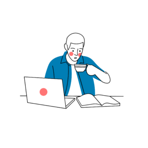 El hombre toma un café mientras trabaja desde casa en su computadora.