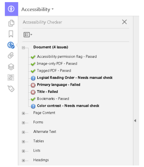 لوحة Adobe Accessibility Checker