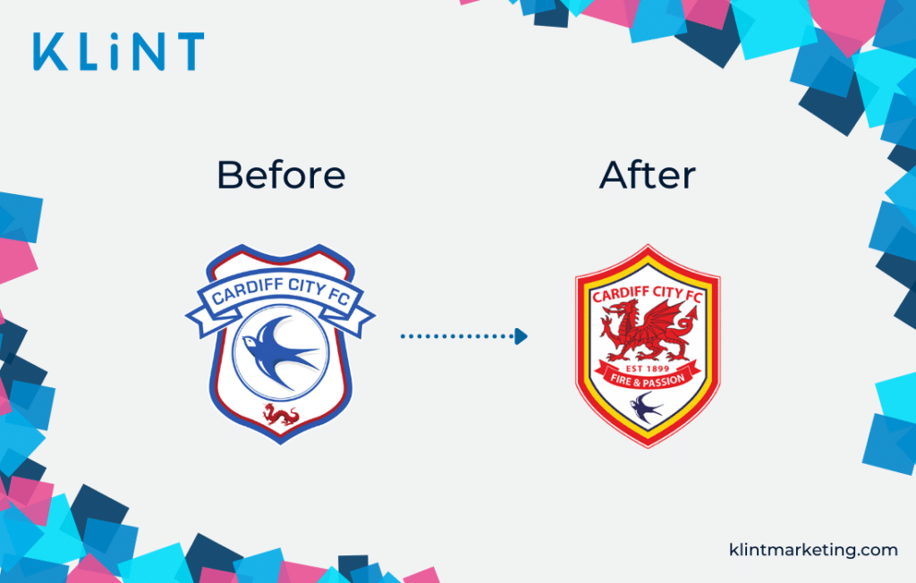 Rebranding du logo du Cardiff City FC avant et après.