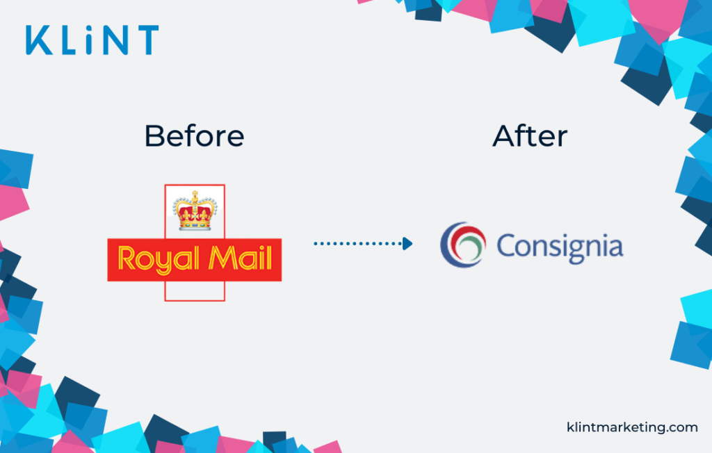 Royal Mail to Consignia rebranding logo avant et après.