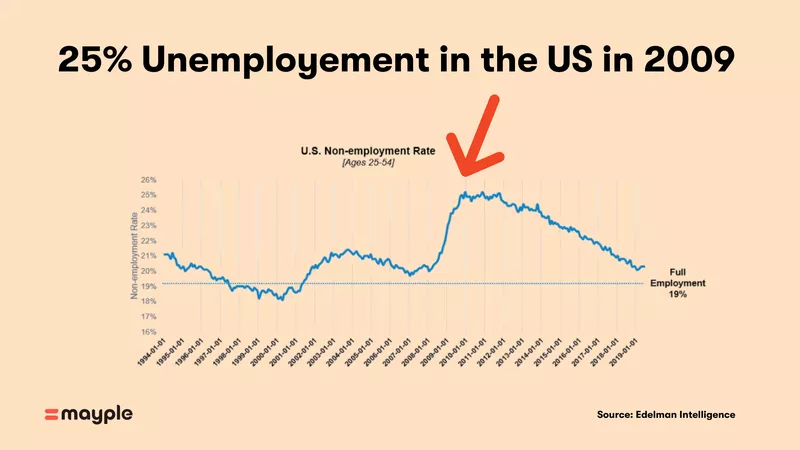 Уровень безработицы в США в 2009 году составил 25%.