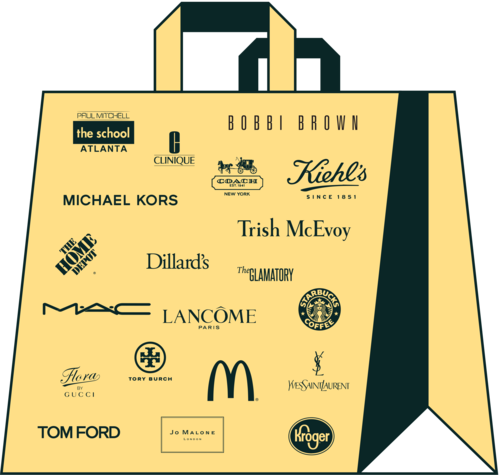 illustration en ligne d'un sac à provisions jaune recouvert de logos de grandes marques