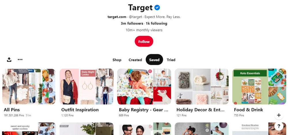 capture d'écran des tableaux Pinterest de Target - marketing pinterest