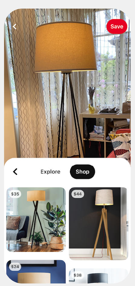 Objectif commercial sur Pinterest montrant un tour et des options pour acheter des lampes similaires