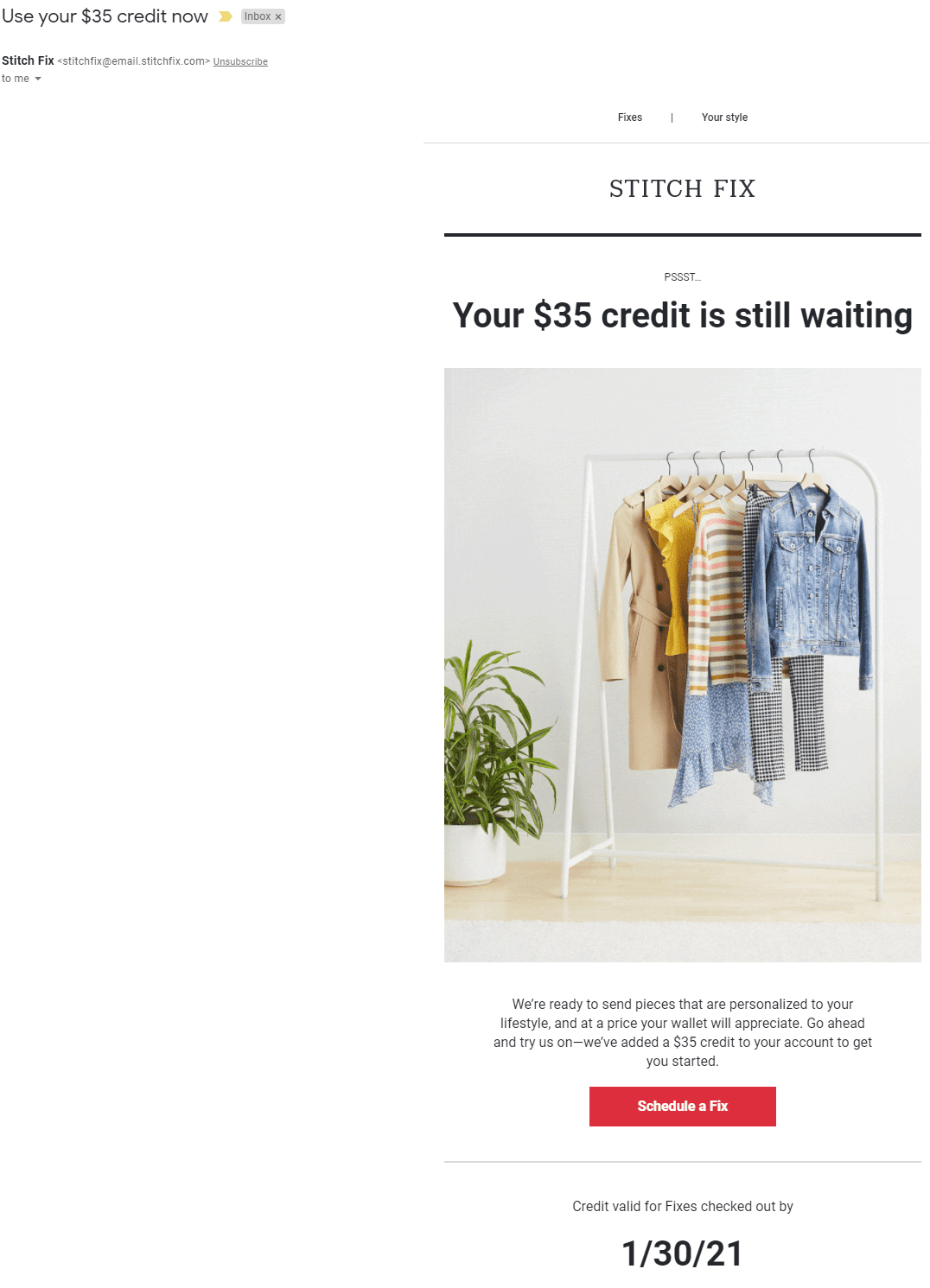 StitchFIx hoş geldiniz e-postası
