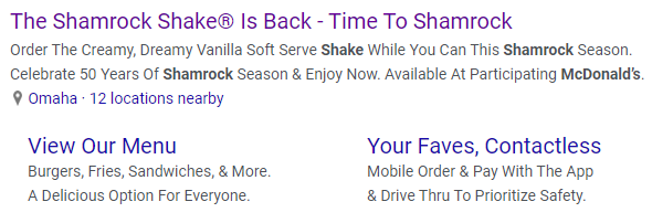 McDonalds Shamrock Shake AdWords