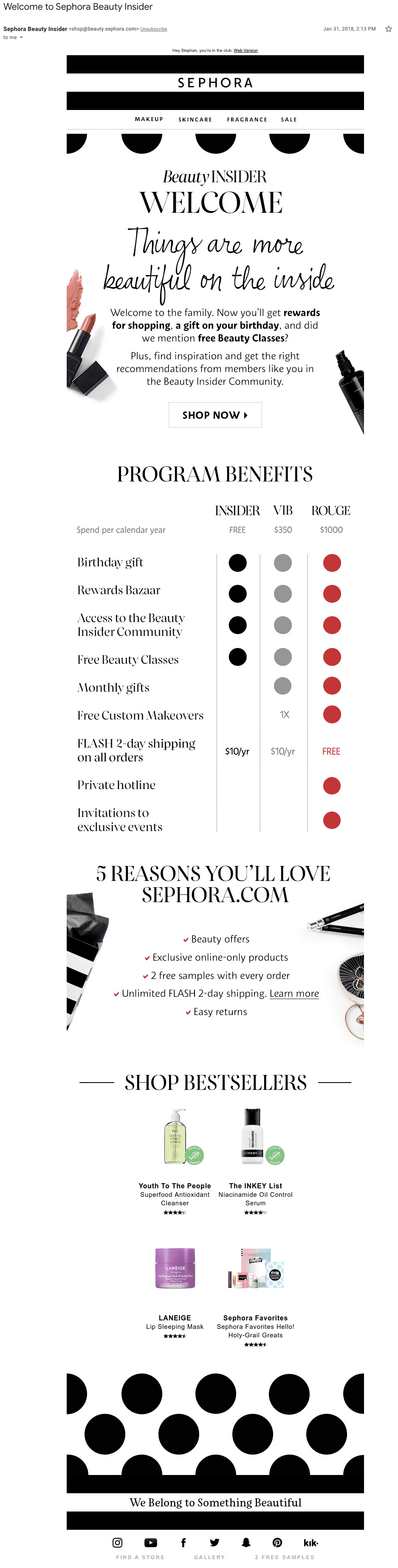 อีเมลต้อนรับ Sephora