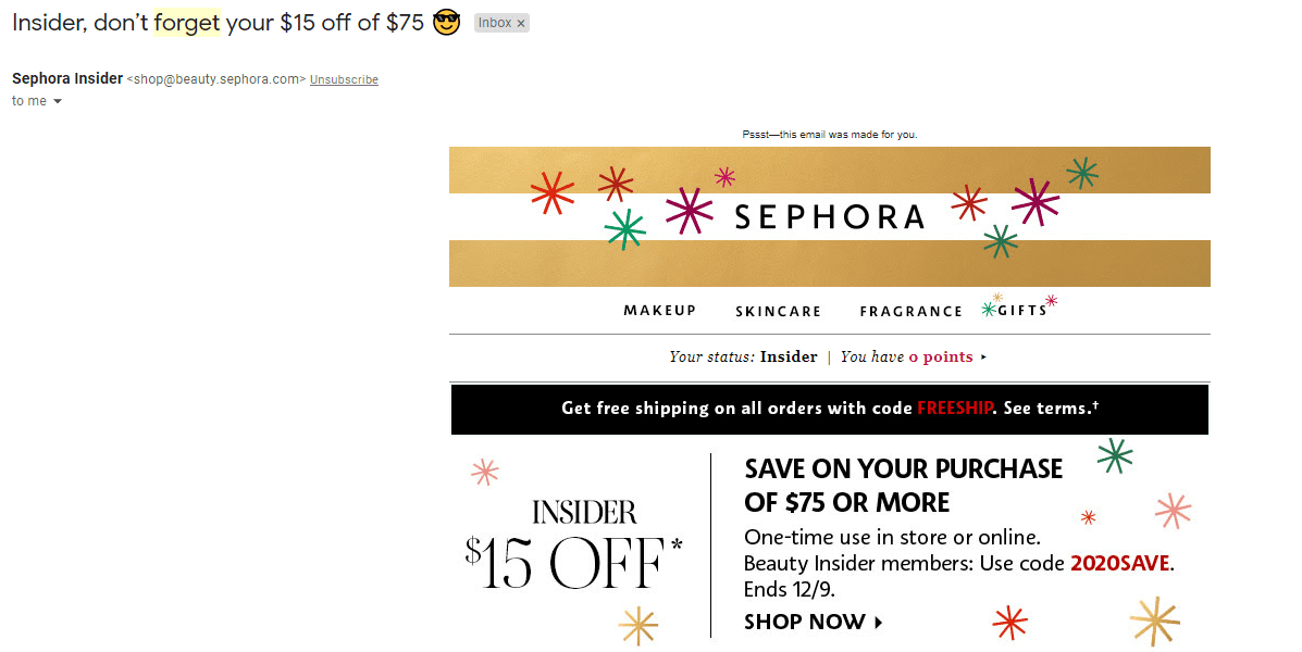 Sephora 15 kapalı 75 konu satırı