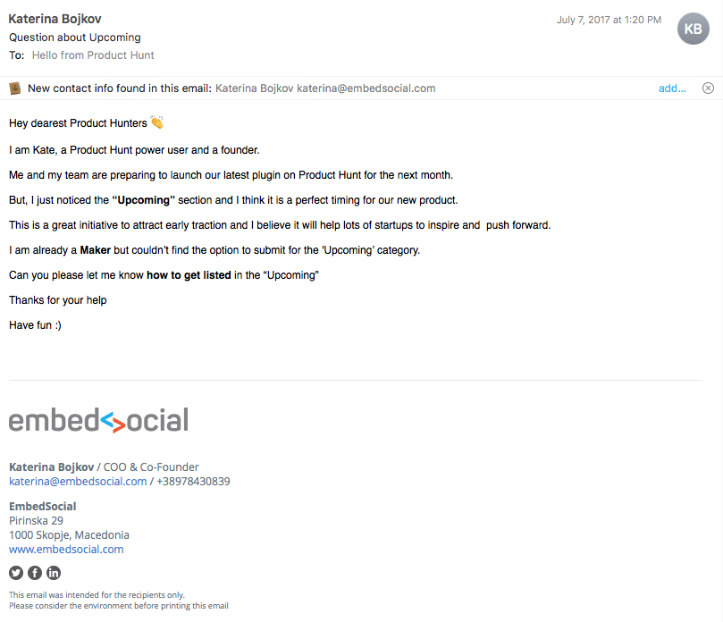 Электронная почта Product Hunt