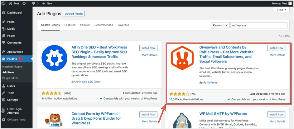 RafflePress-Plugin installieren