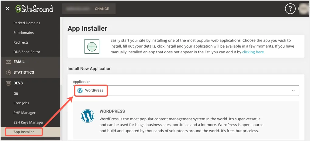 Selectați WordPress în aplicația de instalare