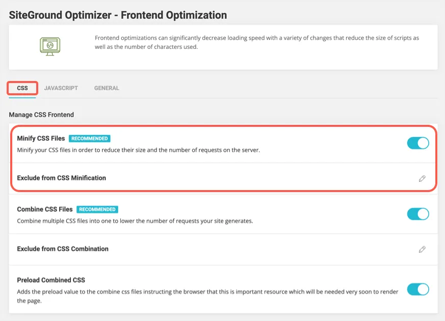 Minimizza CSS in SiteGround Optimizer