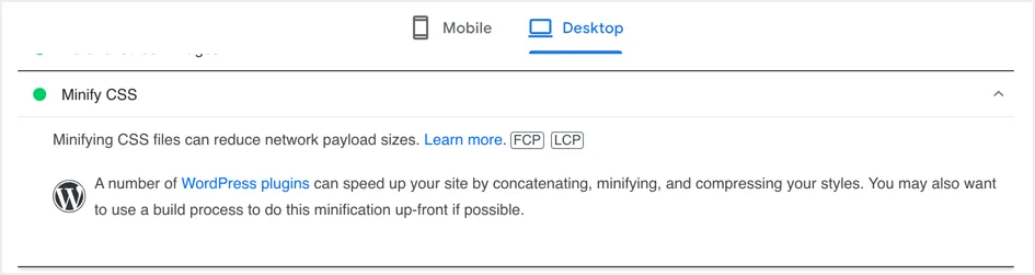 Minifier CSS dans Google PSI